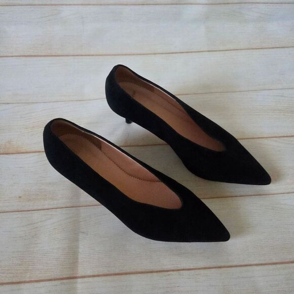 J. Crew Suede Leather Kitten Heels Pointy Toe Slide Women Shoes Size 6 1/2 Black - Picture 5 of 13